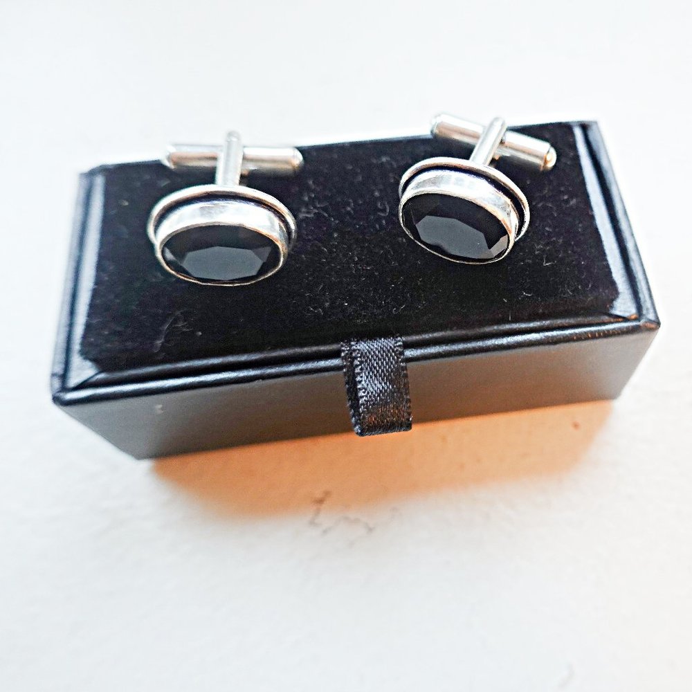 Sterling 925 Black Faceted Onyx Cufflinks